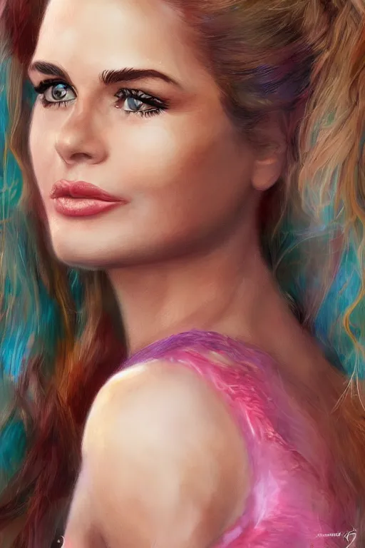 Image similar to portrait of a mix of beautiful young maria shriver, mariel hemmingway, brooke shields, nicole kidman and elle macpherson as a mermaid, thin lips, hair tied up in a pony tail, colorful artstation, cgsociety