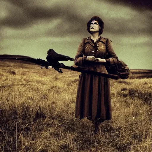 Prompt: pastoral eerie. a woman has a rifle. there are ravens in the sky. folk horror. realistic