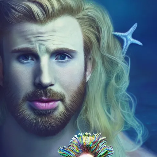 Image similar to chris evans portrait, fantasy, mermaid, hyperrealistic, highly detailed, cinematic lighting, pearls, glowing hair, shells, gills, crown, water, highlights, starfish, jewelry, realistic, digital art, pastel, magic, fiction, ocean, game, king, colorful hair, sparkly eyes, fish, god, waves, bubbles, heroic