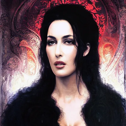 Prompt: majestic gracious regal aristocratic raven haired monica bellucci as the vampire pandora portrait, indoors, atmospheric lighting, painted, intricate, volumetric lighting, beautiful, rich deep colours masterpiece, sharp focus, ultra detailed, by leesha hannigan, ross tran, thierry doizon, kai carpenter, ignacio fernandez rios