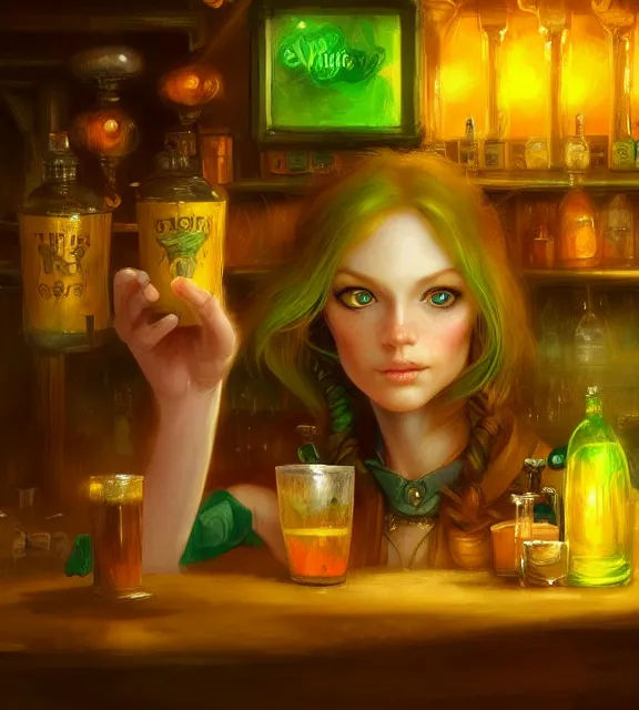 Prompt: cute barkeep in busy tavern, perfect face, cinematic, elegant, ginger hair, brown and beige and yellow and orange and green mist, highly detailed, psychedelic, digital painting, artstation, smooth, hard focus, illustration, art by jessica rossier and and brian froud