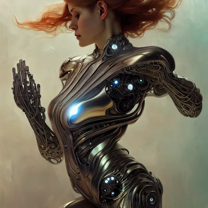 Image similar to organic cyborg, liquid chrome, diffuse lighting, fantasy, intricate, elegant, highly detailed, lifelike, photorealistic, digital painting, artstation, illustration, concept art, smooth, sharp focus, art by john collier and albert aublet and krenz cushart and artem demura and alphonse mucha