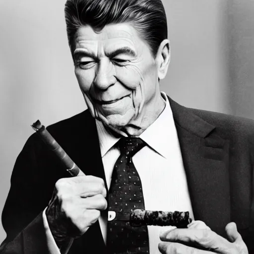 Prompt: photograph of a stoned ronald reagan smoking weed from a bong
