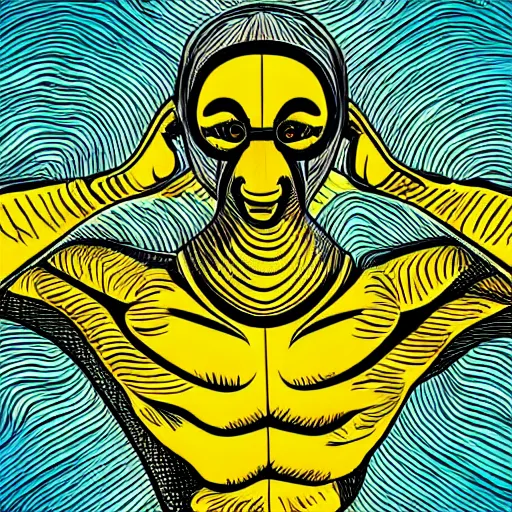 Image similar to human man that resembles a wasp morh in surreal sketch style, blue and yellow gradient, noise, ultrafine detail, hd 8k, logo illustration