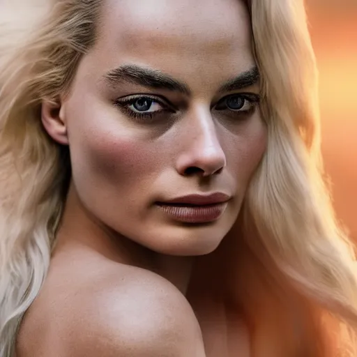 Image similar to A mix of margot robbie and khaleesi, portrait, highly detailed, professional photograph, studio lighting, sharp, 8k, HD