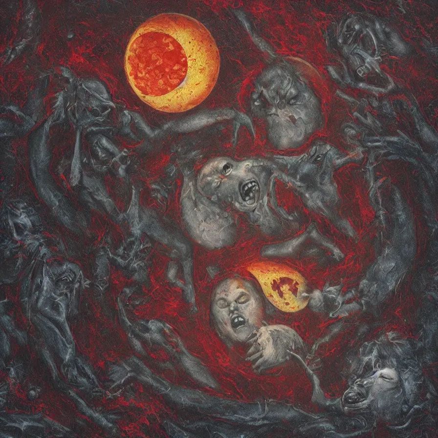 Image similar to fetal moon with a fanged devouring moon sharp fangs streaming blood bestial moon horror, award winning oil painting digital art, chromatic aberration