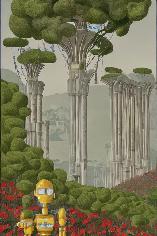 Image similar to mecha robot, hanging gardens of babylon, temple of artemis at ephesus, waterfalls, blooming hills with spring flowers and pillars by helen lundeberg