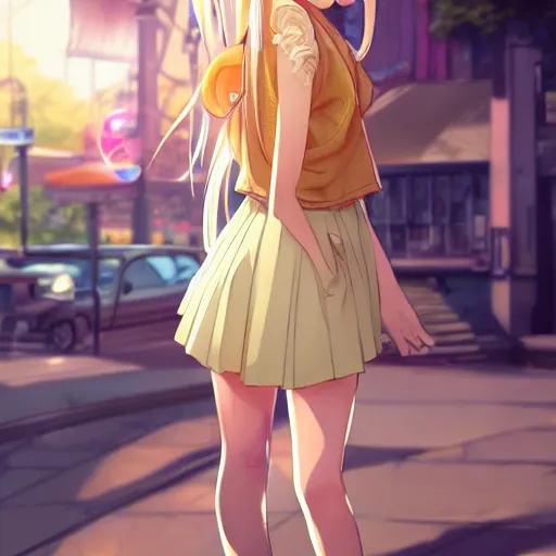 Image similar to a very beautiful anime girl, full body, long golden hair, sky blue eyes, full round face, short smile, mini jeans skirt, cute top, urban setting, cinematic lighting, medium shot, mid-shot, highly detailed, trending on Artstation, Unreal Engine 4k, cinematic wallpaper by Stanley Artgerm Lau, WLOP, Rossdraws, James Jean, Andrei Riabovitchev, Marc Simonetti, and Sakimichan