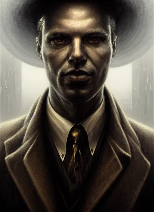 Prompt: closeup portrait shot of a noir detective in a scenic dystopian environment, intricate, elegant, highly detailed, centered, digital painting, artstation, concept art, smooth, sharp focus, illustration, artgerm, tomasz alen kopera, peter mohrbacher, donato giancola, joseph christian leyendecker, wlop, boris vallejo