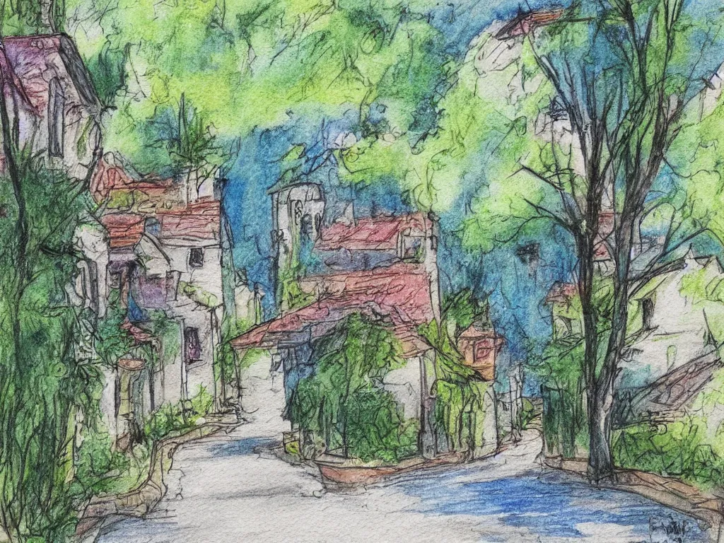 Prompt: a street in a old small village, some foliage, color pencils and watercolor, detailed