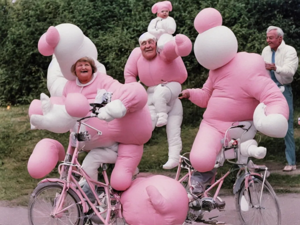 Image similar to a martin parr photo of a grandpa couple, wearing michelin man white body costumes, going super fast on a pink pig, 1 9 7 0 s kodachrome colour photo, flash on camera,