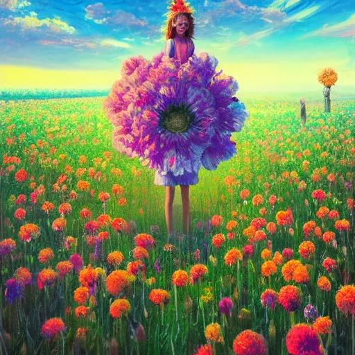 Prompt: large flower head, girl standing in a flower field, surreal photography, sunrise dramatic light, impressionist painting, colorful clouds, digital painting, artstation, simon stalenhag