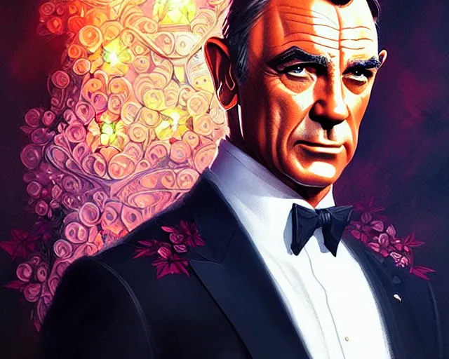 Image similar to James Bond Sean Connery, art nouveau, fantasy, intricate flower designs, elegant, highly detailed, sharp focus, art by Artgerm and Greg Rutkowski and WLOP