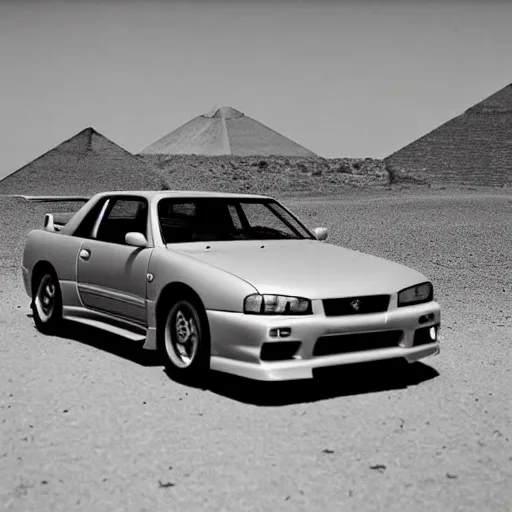 Image similar to vintage photo of nissan skyline r 3 4 near egypt pyramids, grayscale, photorealistic, highres