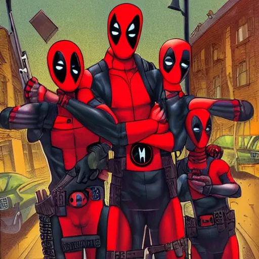 Image similar to a family photo of the deadpool twins and the nice matrix boys from down the street starring deadpool and the other guy from that show about deadpool by the artist michael hutter