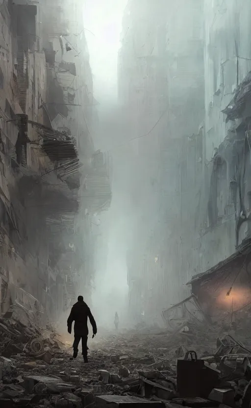 Prompt: a beautiful artwork illustration, a single person in a hazmat suit walking through a destroyed city, volumetric fog, godrays, high contrast, high contrast, high contrast, vibrant colors, vivid colors, high saturation, by Greg Rutkowski and Jesper Ejsing and Raymond Swanland, featured on artstation, wide angle, vertical orientation