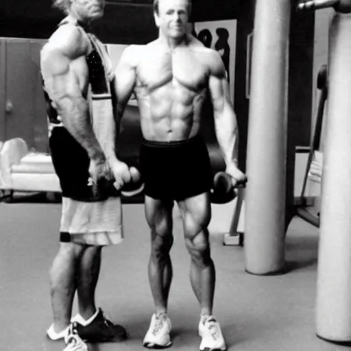 Image similar to trump pumping iron with Arnold wearing short shorts