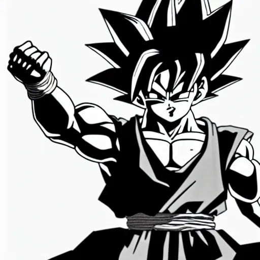 Image similar to Goku, ultra wide angle, BY Sadece Kaan, Poster Design, Very Epic, 4k resolution, highly detailed, Trend on artstation, Black & White Art, Blue fire!, white background, sketch, Digital 2D, Character Design,