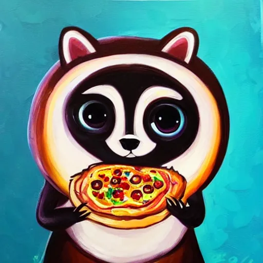 Image similar to an adorable and cute jeremiah ketner acrylic impasto! painting! of a crying, sad raccoon eating pizza