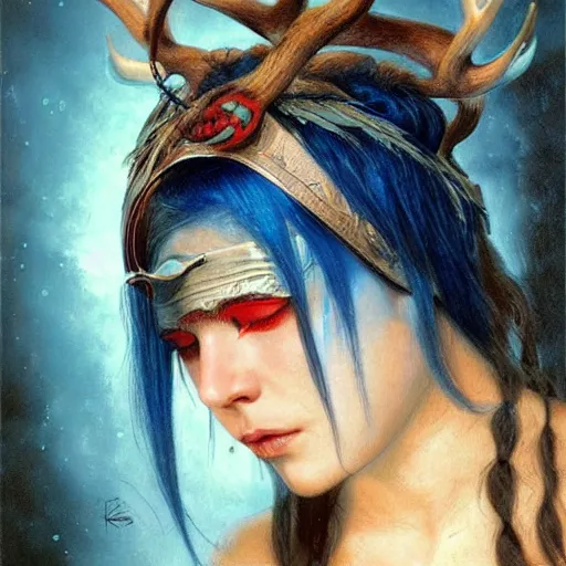 Prompt: A young female shaman blindfolded, blue hair and antlers on her head, blindfolded, heilung, made by karol bak