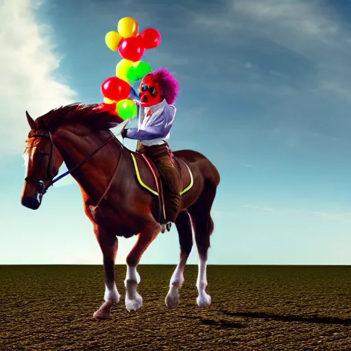 Image similar to a man on a horse wearing a clown suit. photorealistic 4k