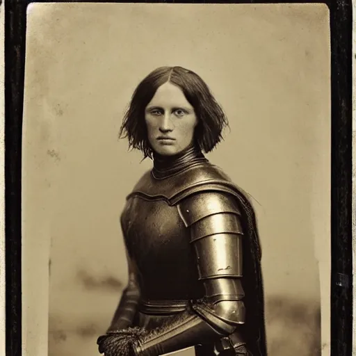 Image similar to tintype photo of brienne of tarth, wearing armor, by julia margaret cameron 1 8 8 0 s, realistic, body shot, sharp focus, 8 k high definition, insanely detailed, intricate, elegant