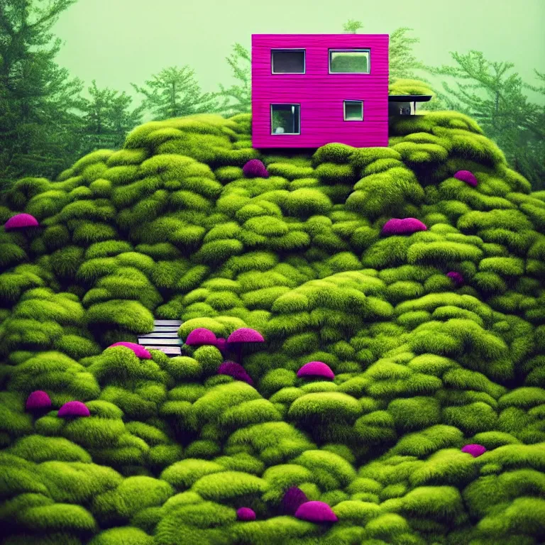 Image similar to tiny house by kengo kuma on island sea cloud surreal art by jason naylor, very coherent, sharp, colorful high contrast, dark shadows, hard lighting, floralpunk flower green plants garden, inking etching screen print, hd, 8 k hyper detailed, octane render