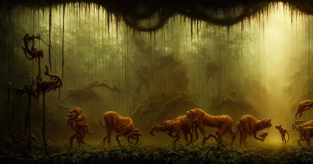 Image similar to epic professional digital art of hungry jungle, faint golden moody atmospheric lighting, painted, intricate, detailed, detailed, foreboding, by leesha hannigan, wayne haag, reyna rochin, ignacio fernandez rios, mark ryden, iris van herpen,, epic, stunning, gorgeous, much wow, cinematic, masterpiece.