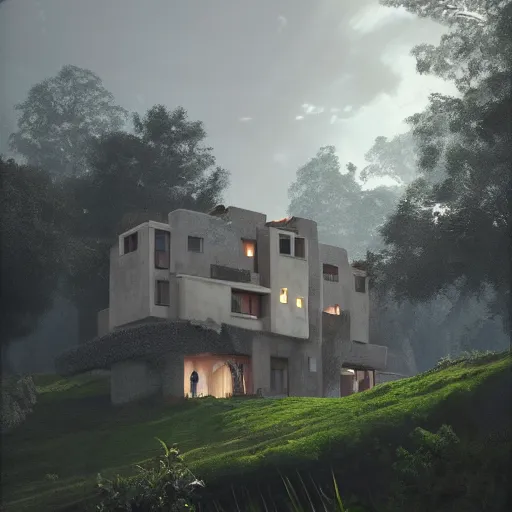 Image similar to beige house with collumns around a garden, on a hill surrounded by big trees, dramatic lighting, artstation, matte painting, raphael lacoste, simon stalenhag, frank lloyd wright, drone view