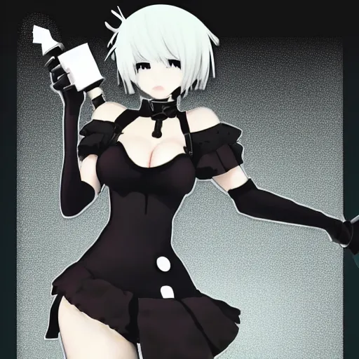 Image similar to 2B from nier automata eating a chess burger, anime style.