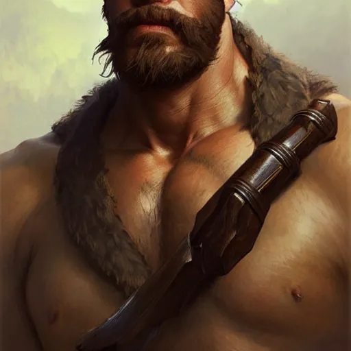 Image similar to portrait of a rugged ranger, muscular, upper body, hairy torso, d & d, fantasy, intricate, elegant, highly detailed, digital painting, artstation, concept art, matte, sharp focus, illustration, art by artgerm and greg rutkowski and alphonse mucha