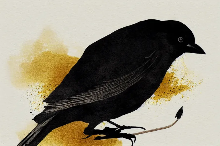 Image similar to beautiful smart crow using a hook, minimalistic golden ink aribrush painting on white background