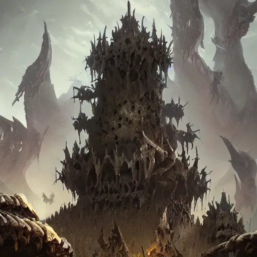 Prompt: a demon wall towers made of bones, walls, violet battlefield theme, dark art masterpiece artstation. 8 k, sharp high quality artwork in style of jose daniel cabrera pena and greg rutkowski, concept art by tooth wu, blizzard warcraft artwork, hearthstone card game artwork, wall made of bones