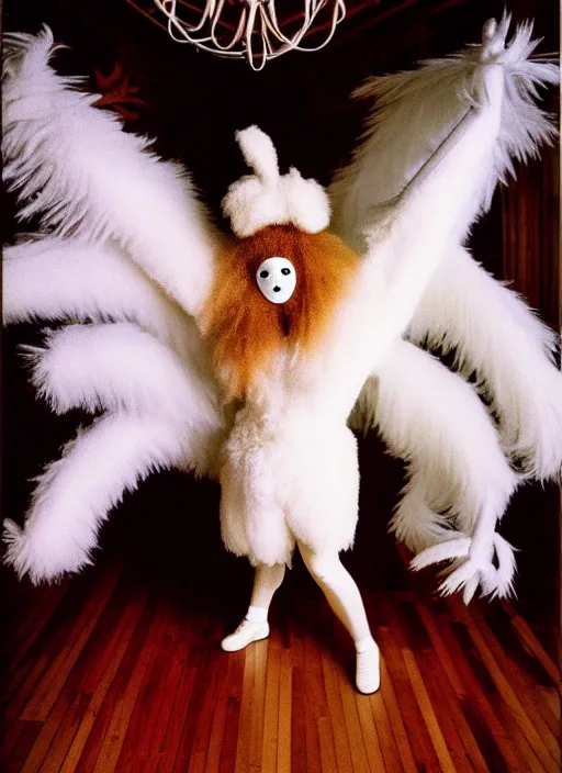 Prompt: realistic photo portrait of the friends, white carnival fluffy costume, wooden mask sculpture of a totem bird, wearing hairy fluffy cotton shorts, dancing in the spacious wooden polished and fancy expensive wooden room interior with many cloud sculptures 1 9 9 0, life magazine reportage photo