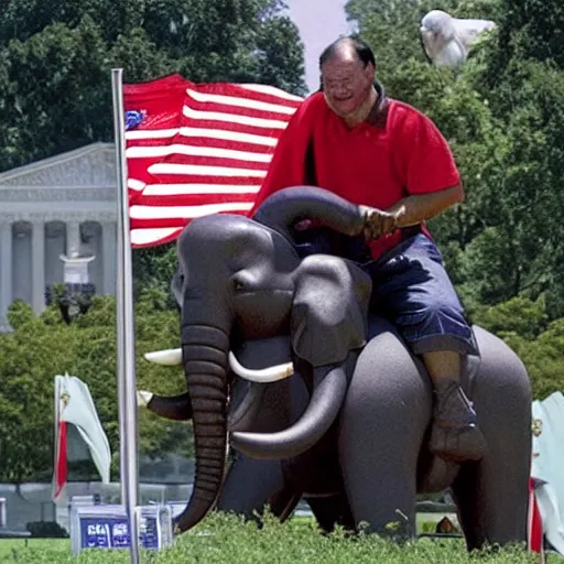 Image similar to Clarence Thomas and Samuel Alito riding a red elephant holding an American flag with its trunk while trampling the grave of Ruth Bader Ginsburg