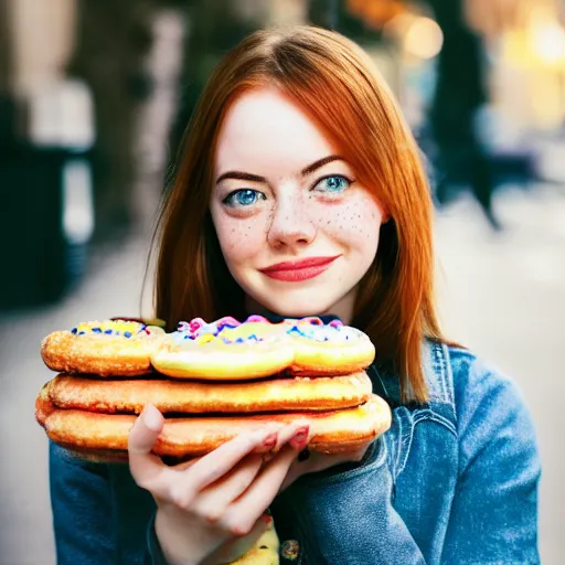Image similar to photo of cute teenage emma stone, freckles, holding bunch of donuts, street of moscow, shallow depth of field, cinematic, 8 0 mm, f 1. 8