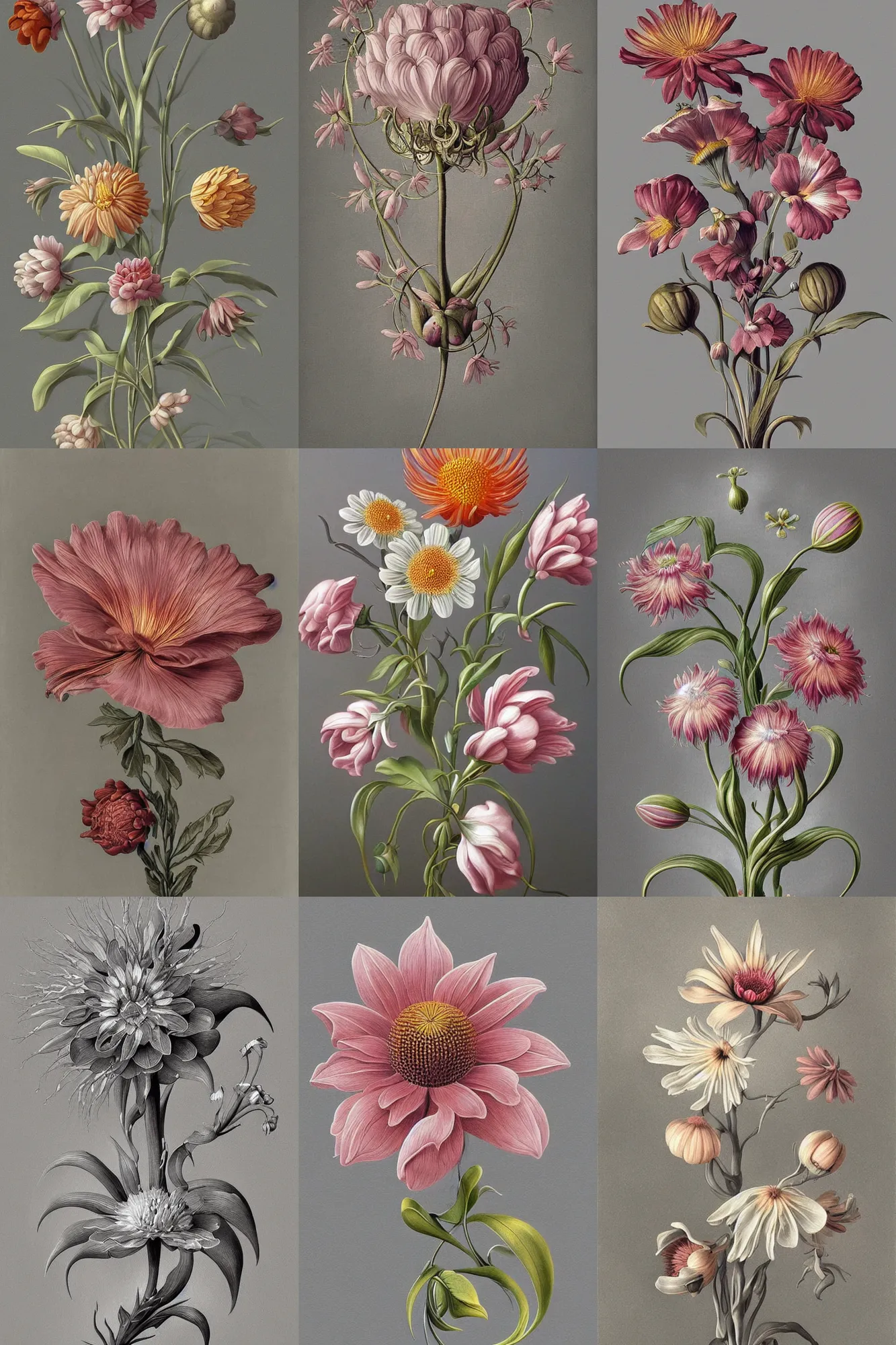 Prompt: a painting of a flower on a gray background, an airbrush painting by Earnst Haeckel, trending on zbrush central, cloisonnism, high detail, detailed painting, biomorphic