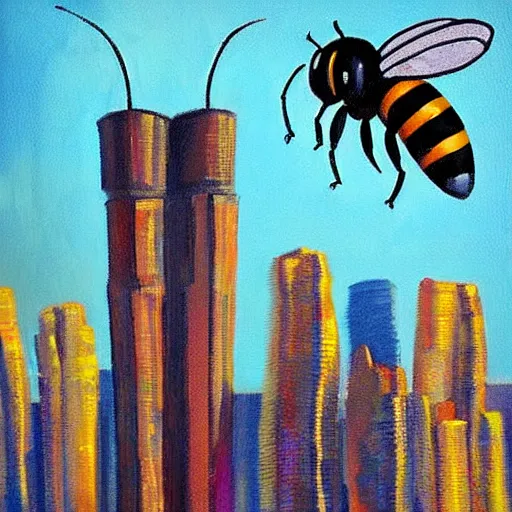 Image similar to “big bees over a city oil panting”