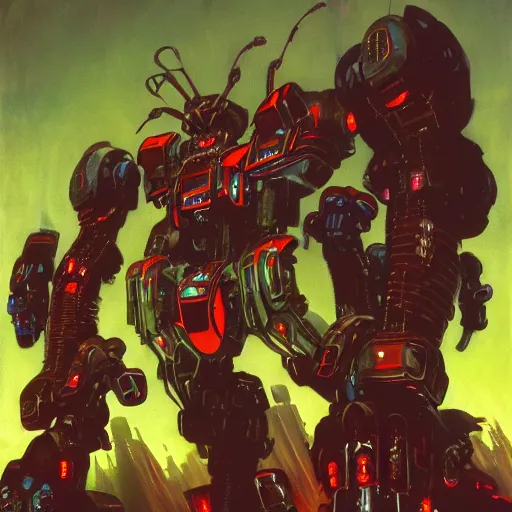 Image similar to a dark and colorful close - up of sci - fi mecha demons. highly detailed science fiction painting by norman rockwell, frank frazetta, and syd mead. rich colors, high contrast, gloomy atmosphere, dark background. trending on artstation