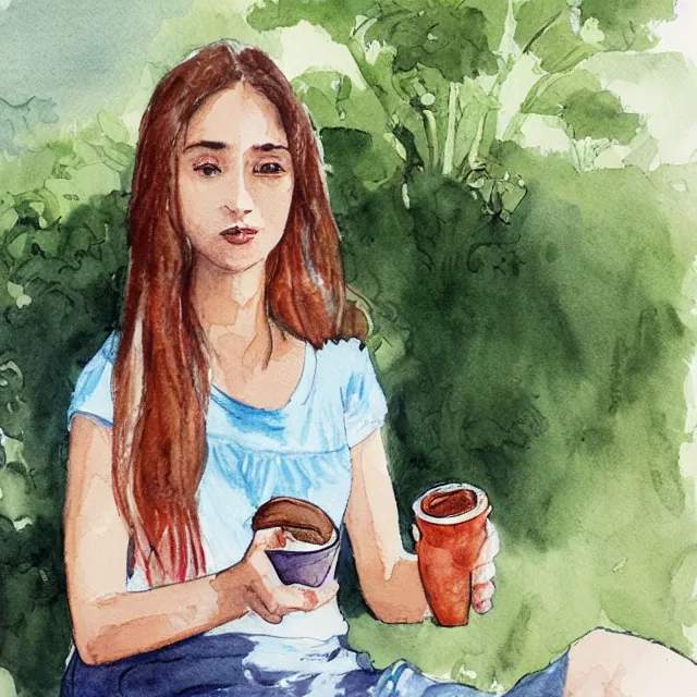 Prompt: clara gonzalez drinking coffee in the garden. watercolor by the award - winning concept artist