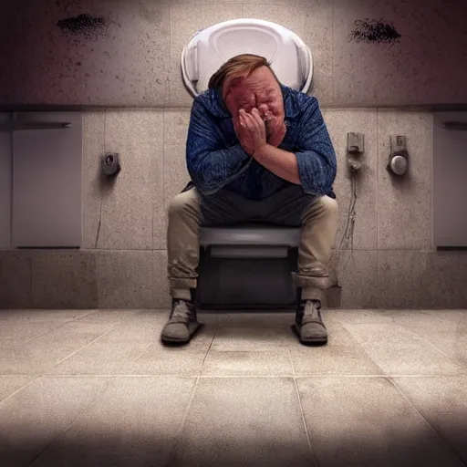 Prompt: hyperrealistic mixed media image of info wars alex jones crying on the toilet, stunning 3 d render inspired art by xiang duan and thomas eakes and greg rutkowski, perfect facial symmetry, hyper realistic texture, realistic, highly detailed attributes and atmosphere, dim volumetric cinematic lighting, 8 k octane detailed render, post - processing, masterpiece,