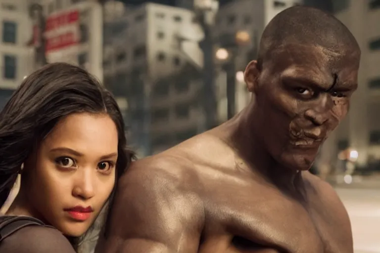 Image similar to movie powerful mutant heroes interracial couple closeup, DC Marvel fashion, VFX powers at night in the city, city street, beautiful skin, natural lighting by Emmanuel Lubezki