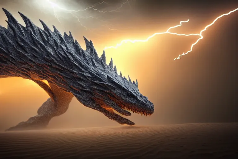 Image similar to sand dragon with lightnings and smoke is fighting against giant wind monster with cyclones, cgsociety, full length, exquisite detail, post - processing, masterpiece, volumetric lighting, cinematic, hypermaximalistic, polarizing filter,, sony a 7 r iv, cinematic, 8 k resolution, beautiful detailed, insanely intricate details, sharp edges, smooth focus, low angle,