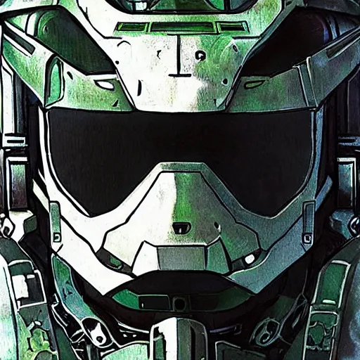 Image similar to a highly detailed portrait of master chief, drawn by yoji shinkawa, sci fi art, trending on artstation