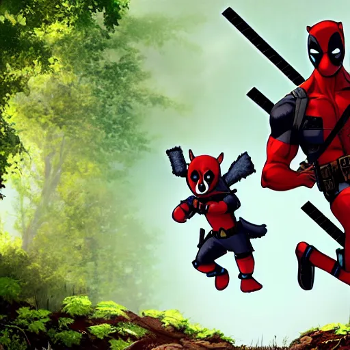 Image similar to deadpool and rocket raccoon in the woods digital art 4 k detailed