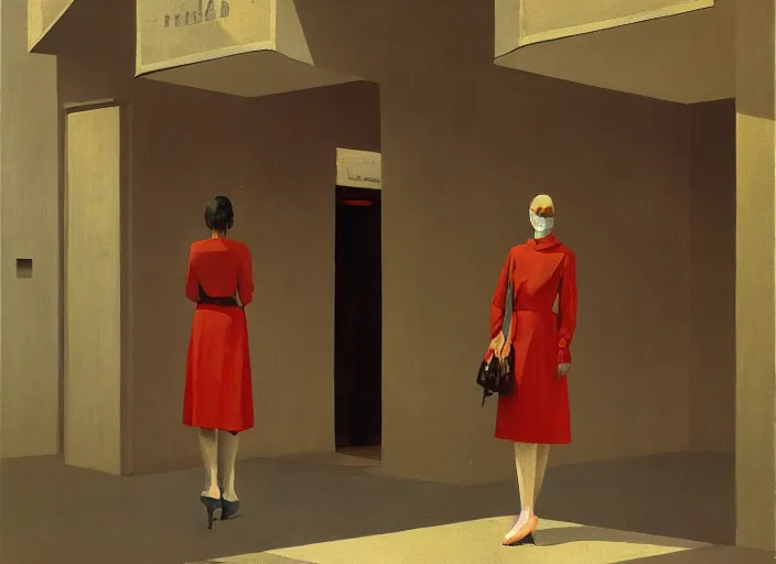 Image similar to woman wearing paper bags for clothes standing inside paper bags at store display Edward Hopper and James Gilleard, Zdzislaw Beksinski, highly detailed