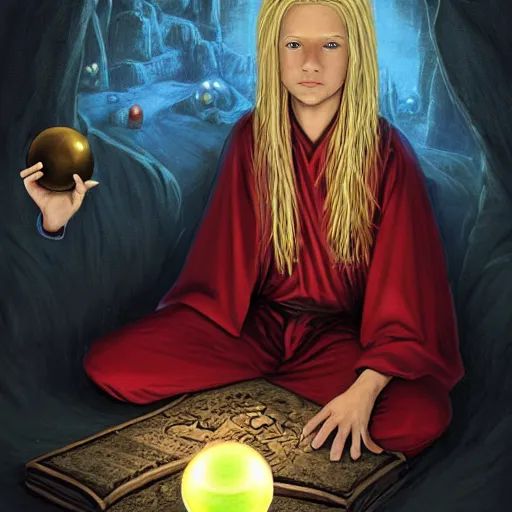 Image similar to Portrait of a 12 year old white boy with blond medium length hair, sitting cross-legged, wearing red sorcerer's robes, holding an illuminated crystal ball in his hands and gazing into it, inside of a cabin, Dungeon's & Dragons, digital illustration, deviantart, matte fantasy painting, by Jason Felix by Steve Argyle by Tyler Jacobson by Peter Mohrbacher