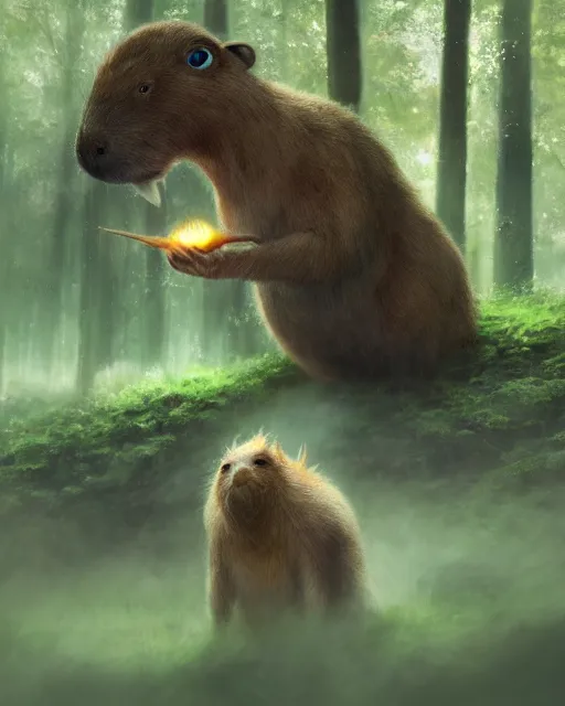 Image similar to oil painting of Anthropomorphized Capybara Druid casting green magic spell, wearing leaf cloak, glowing eyes, casting spell, sharp focus, fantasy style, octane render, volumetric lighting, 8k high definition, by greg rutkowski, highly detailed, trending on art Station, magic the gathering artwork, magical forest backround, centered