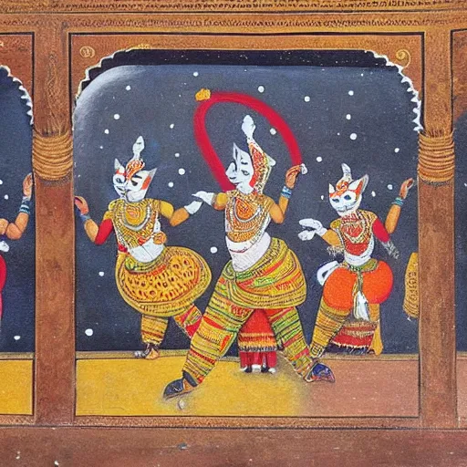 Prompt: cats dancing, Rajput Paintings