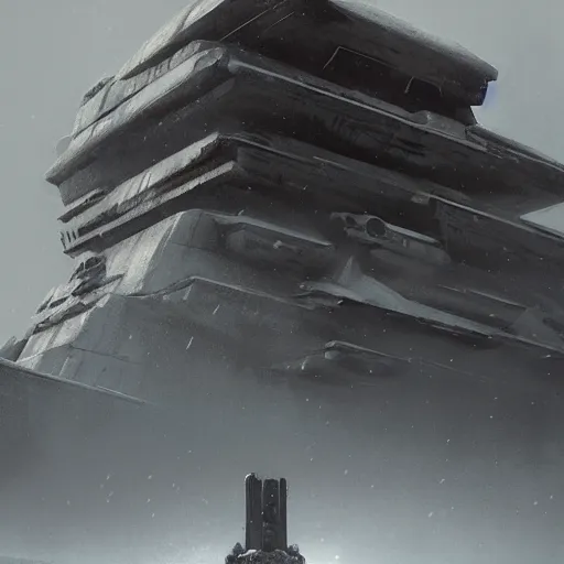 Image similar to star wars concept art by greg rutkowski, a brutalist - looking and imposing temple in the middle of a snowy, dark and hostile landscape, strong blizzards, poor lighting, evil atmosphere, artstation hq.